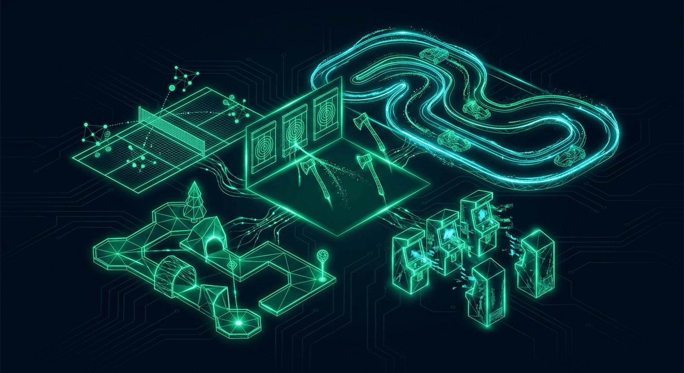 Isometric illustration of a multi-attraction entertainment venue with a go-kart track, mini-golf, and arcade zones