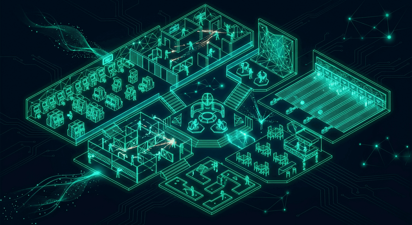 Isometric floor plan of a large family entertainment center with bowling, arcade, dining, and event zones