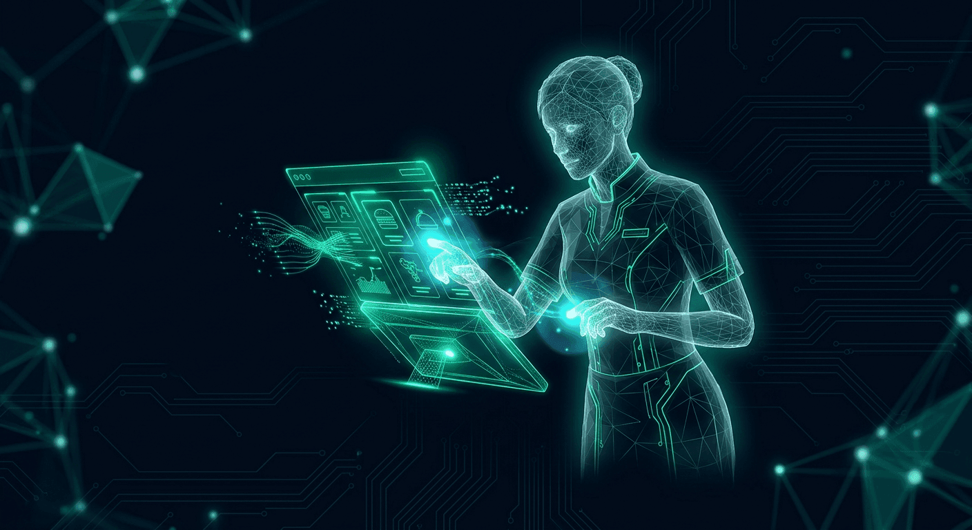 Wireframe illustration of a venue manager reviewing holographic operations dashboards
